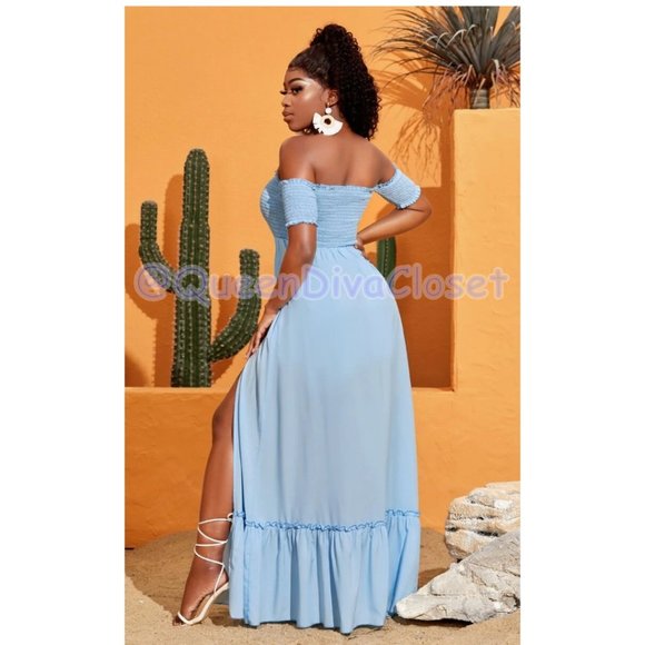 SHEIN Off Shoulder Slit Thigh Ruffle Hem Maxi Dress Light Sky Baby Blue L 8-10 - Picture 3 of 6